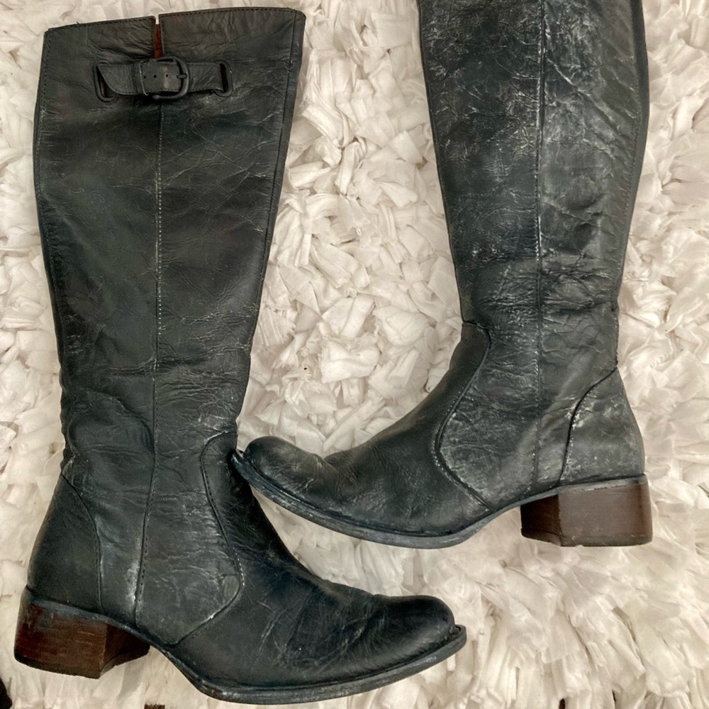 Genuine Distressed Leather 17” Low Heel Boots in Slate Black.